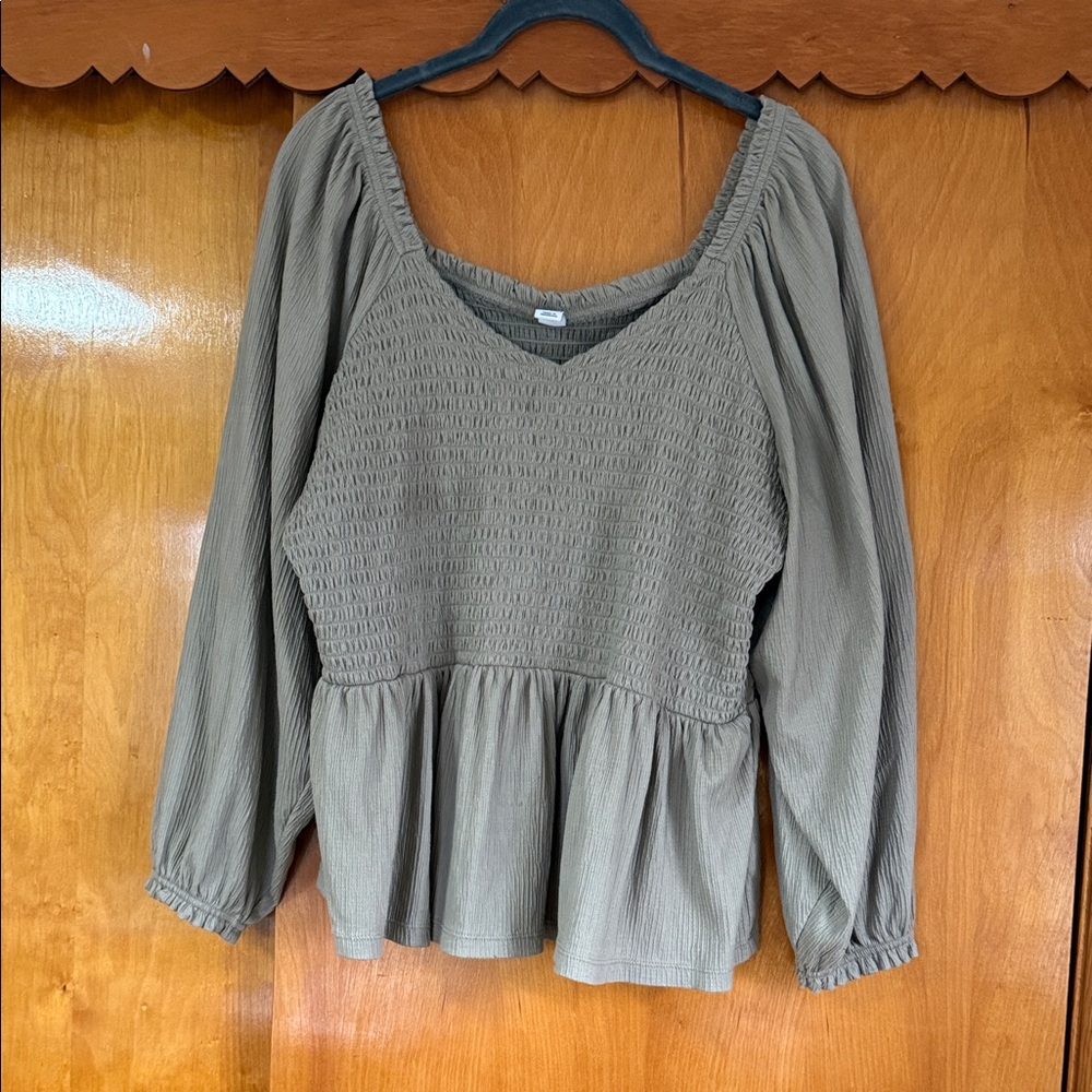Old Navy Olive Smocked Peplum Long-Sleeve Blouse